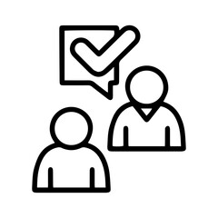 Outline style image depicts two stylized person figures, with a speech bubble having a checkmark above one, indicating agreement or consensus. Related to teamwork, validation, collective affirmation