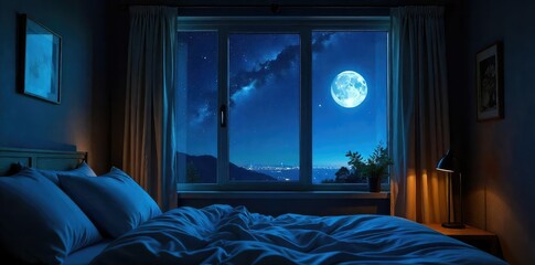 Dark, starlit night sky visible through a bedroom window, moonlight illuminating a textured ceiling Perfect for relaxation, sleep, and celestial themes , relaxation, astronomy