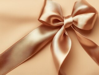 A close-up of a delicately tied champagne-gold satin ribbon bow on a pale beige background.  The satin's sheen is subtly highlighted