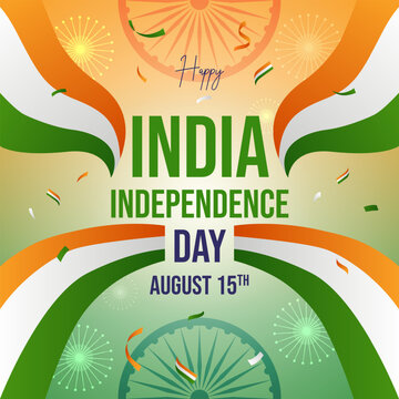 Happy India Independence Day August 15th. India Independence Day with waving India ribbon flag fireworks on tricolor background