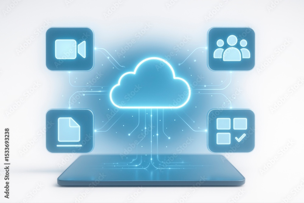 Poster cloud computing interface with icons floating above a tablet device
