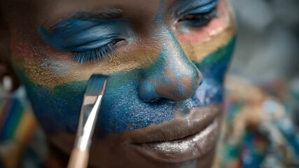 Rainbow face paint application at Pride event
