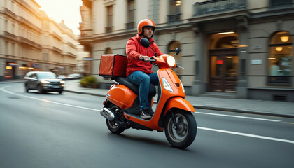 Delivery man rides orange scooter, delivering food or goods. Courier with thermal backpack drives fast on city street. Express online order home delivery service.
