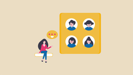 Woman sitting with speech bubble next to a yellow square with four person icons inside it