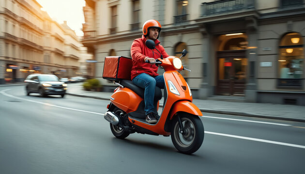 Delivery man rides orange scooter, delivering food or goods. Courier with thermal backpack drives fast on city street. Express online order home delivery service.