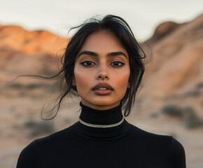 Striking close-up portrait of a woman in black turtleneck with natural makeup, set against warm desert mountains at golden hour.