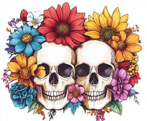 Two human skulls surrounded by vibrant, colorful flowers in a symmetrical, hand-drawn style. A bold fusion of life and death, perfect for Day of the Dead or gothic-themed art.