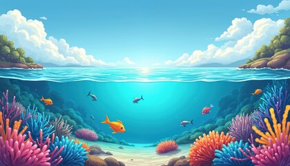 Vibrant illustration showcases underwater scene with marine life colorful corals above ocean surface. Peaceful ocean scenery, clear sky. Ideal for travel eco topics, design project.
