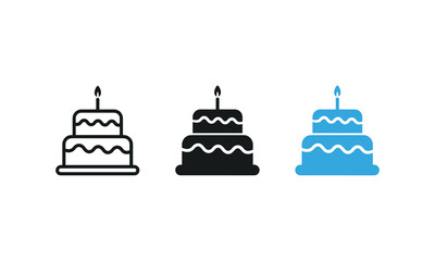 Set of Birthday Cake Icons in Black Blue and White Representing Celebration and Parties
