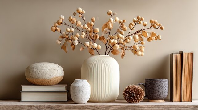 Modern composition of kitchen space with design kitchen island, black hookers, grey table, flowers, and elegant personal accessories. 