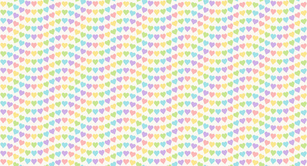 Wavy Rainbow Heart Mosaic, seamless vector pattern with colorful hearts in pastel candy rainbow palette. Perfect for backgrounds, textiles, and festive banner designs, spreads love and joy