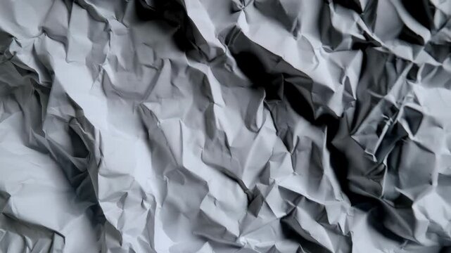 Abstract crumpled white paper sheet, dark shadowed surface texture and crease backgrounds with patterns, overhead detailed presentation, top angle.