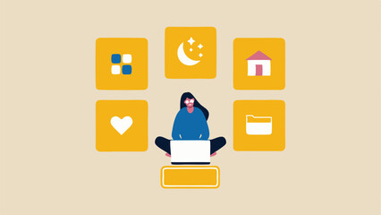 Illustration of a woman using a laptop with icons around her on a light yellow background
