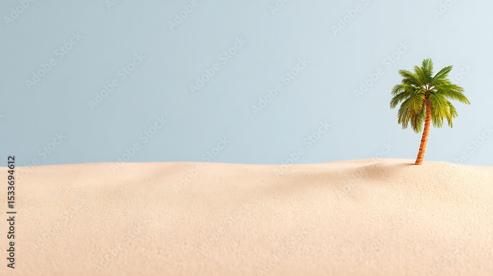 Poster 3d rendering of sand beach and palm coconut tree. copy space at center. isolated on white background