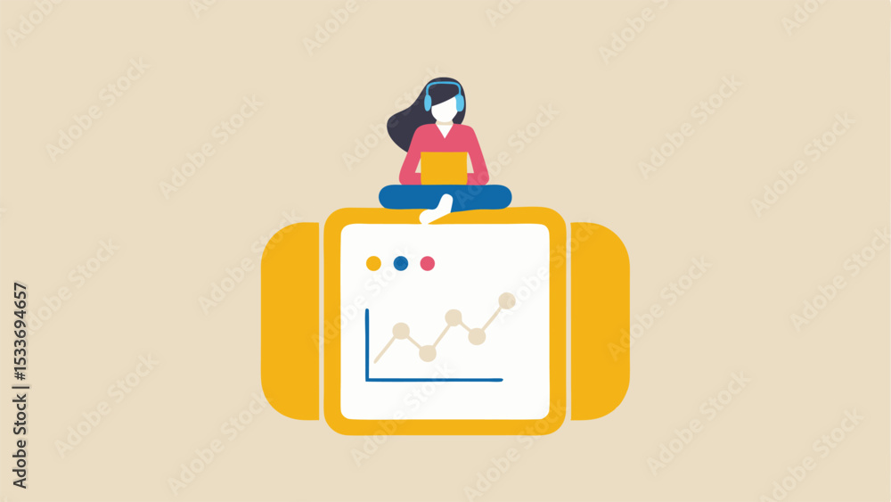 Poster woman with laptop sitting on large watch with graph displayed on the screen in a light background