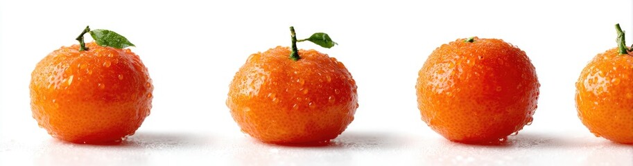 Four juicy mandarins, glistening with water droplets, arranged in a row against a bright white background