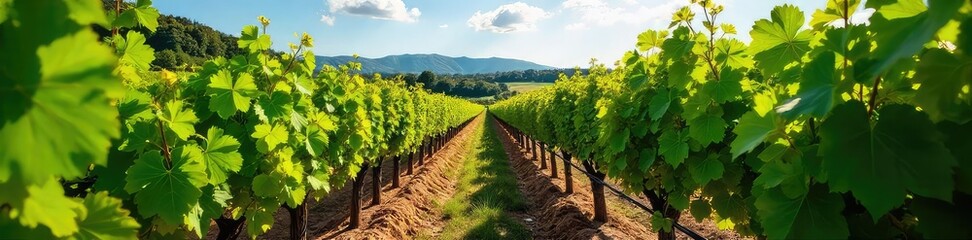 Naklejka premium Rows of lush green grapevines stretching across a sunny hillside, ready for harvest The vibrant foliage contrasts beautifully with the rich earth Perfect for wine country themes , outdoor, sunshine
