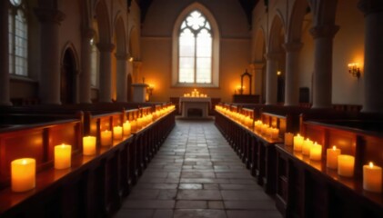Fototapeta premium Rows of flickering candles illuminate a rustic church interior, creating a warm, inviting, and peaceful atmosphere Perfect for themes of faith, hope, remembrance, and serenity , hope, spiritual