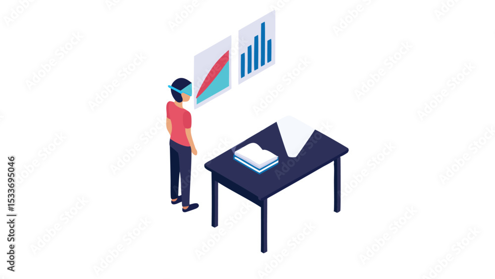 Poster a person with vr headset looking at charts near a table with a book and a paper isometric view