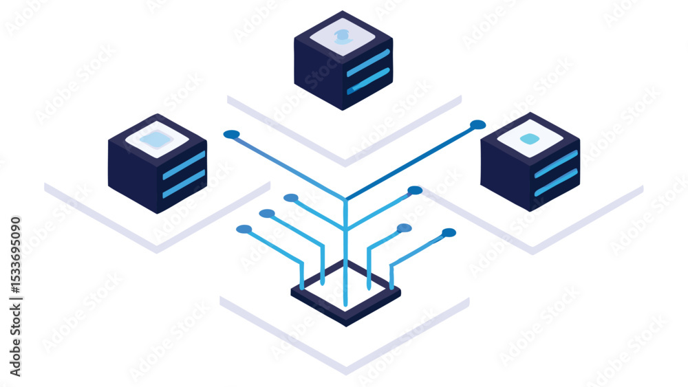 Poster isometric illustration of a network with connected cubes and central processing unit design