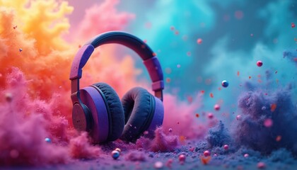 Vibrant illustration features headphones on a colorful abstract background. World Music Day concept design with headphones on colorful dust. Perfect for music lovers and event promotion.