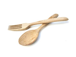 Wooden spoon and fork isolated on white background 
