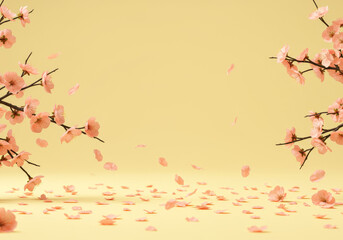 Peach blossom branches with falling petals on a light yellow background create a spring scene aesthetic