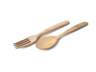 Wooden spoon and fork isolated on white background 