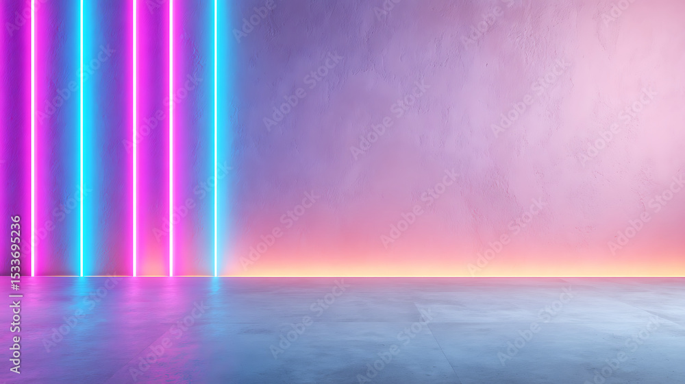 Poster 3d rendering of empty wall room with glowing neon light path. purple color tone. for modern product 