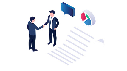 Isometric illustration of two businessmen shaking hands with chart and speech bubble nearby