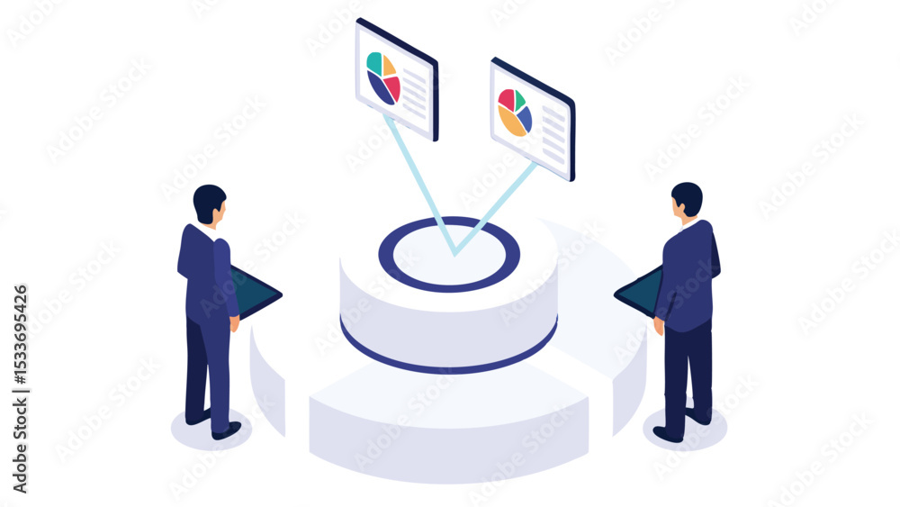 Poster two business professionals analyzing pie charts on screens connected to a central platform in isomet