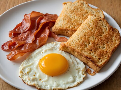 Realistic breakfast scene, two slices of well-toasted bread, a perfectly fried egg, several strips of slightly curled bacon, presented on a simple white plate.