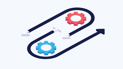 Isometric view of a dark blue conveyor belt with red and blue gears and an arrow at the end