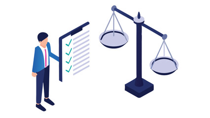 Isometric view of a man with checklist and balance scale representing fairness and compliance matters