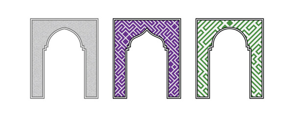 Colorful arch frame with geometric maze and diamond pattern design for Islamic window or oriental decorative architecture vector illustration.