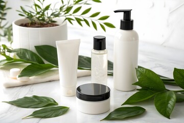 Natural Skincare Products on Marble with Green Leaves – Organic Beauty Concept