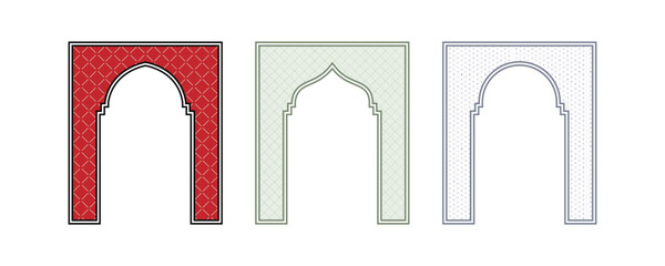 Ornamental arch frame with seamless diamond pattern design in Islamic traditional architectural style vector illustration for vintage window decoration.