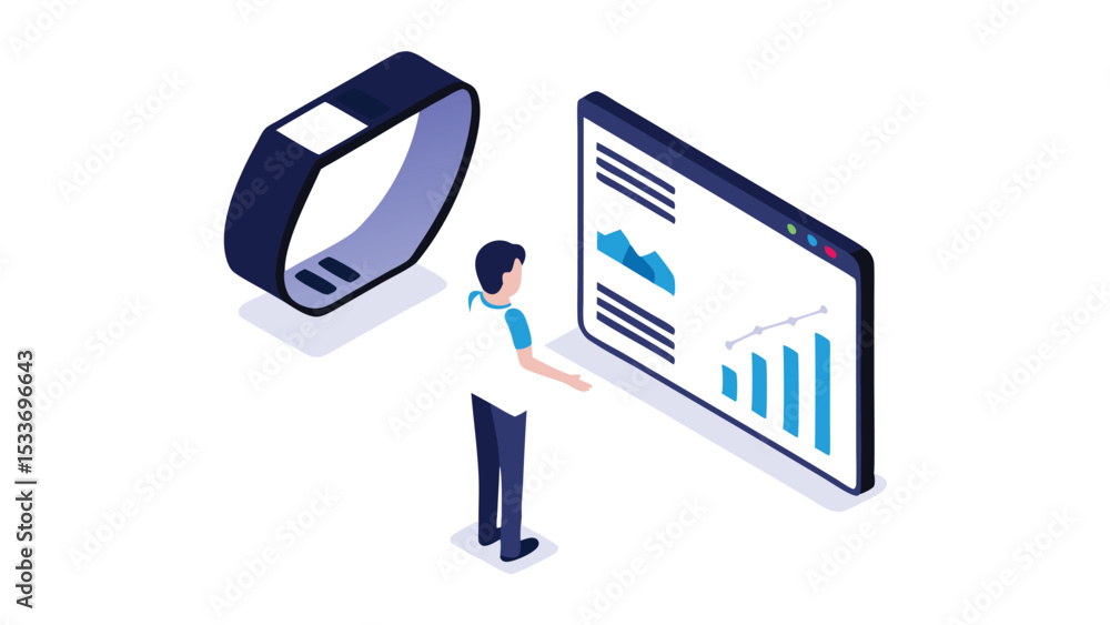 Aufkleber isometric illustration of a man looking at a data chart on a screen next to a smart watch device