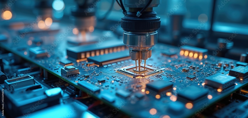 Poster automated pcb assembly line with high precision robot arms. circuit board component installation and
