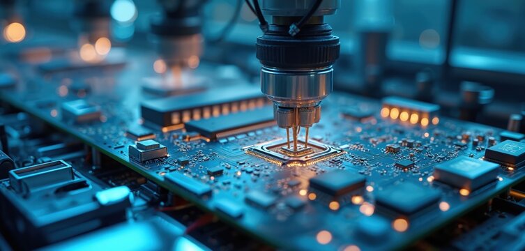 Automated PCB assembly line with high precision robot arms. Circuit board component installation and quality control at electronics factory. Semiconductor manufacturing, microchip production.