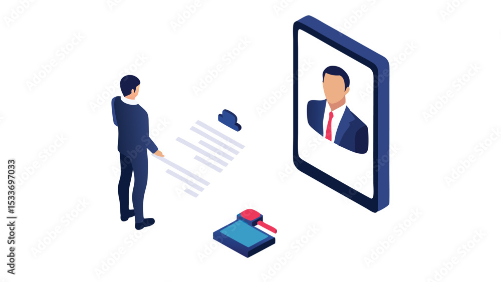 Poster isometric view of a man in suit reviewing documents with a video call on a tablet device shown