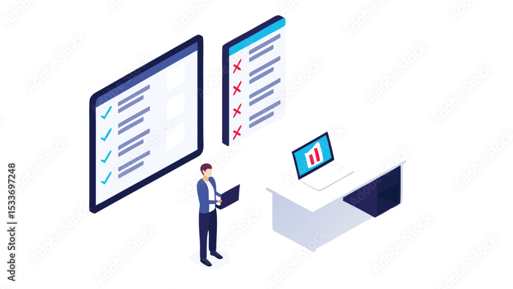 Aufkleber isometric view of a man with laptop standing near screens and desk with laptop showing graph data