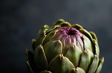 Fototapeta premium Close-up artichoke. Fresh raw Italian vegetable on dark background. Healthy natural food for cooking. Floral food photography. Ripe artichoke bud detail.