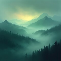 Obraz premium Mysterious mountain landscape with fog. Silhouette of pine forest, epic view of hills, peaks in pastel green blue colors. Misty background, tranquil nature, travel concept, dreamy artistic scenery,