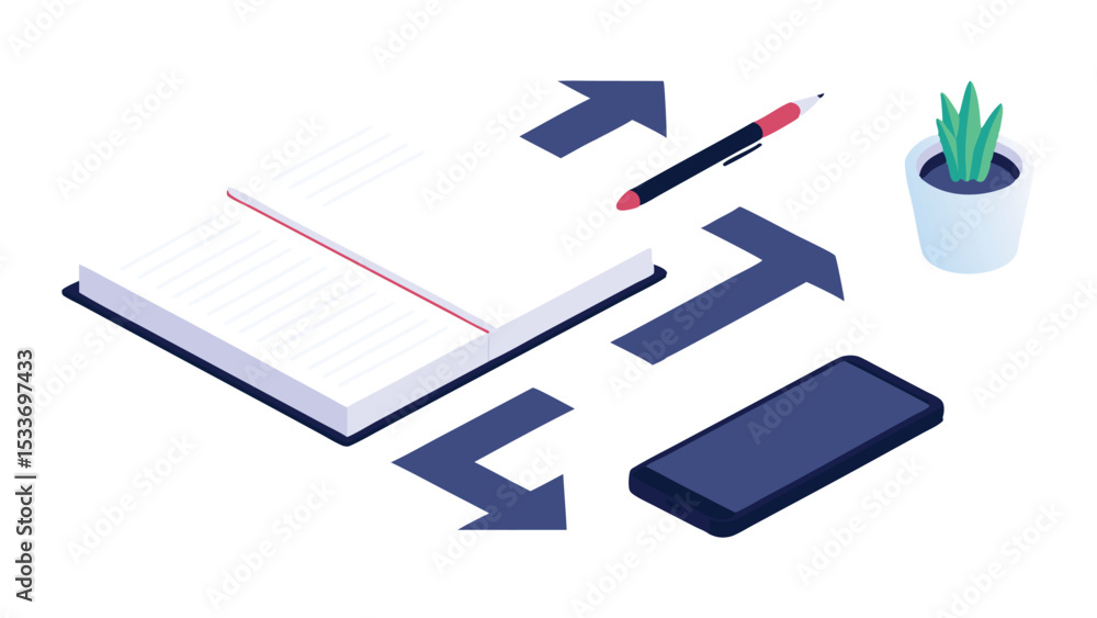 Poster isometric view of open notebook with pen, plant, smartphone and arrows indicating data flow