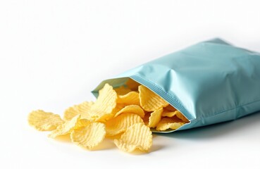 Open bag with pile of golden potato chips on white background. Crispy snacks spill out of light blue packet. Fast food, tasty lunch, party snack. Unhealthy food, fried, junk food.
