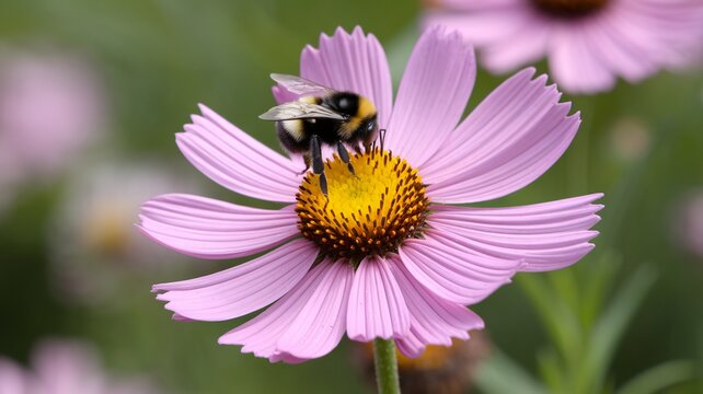 Close-up of a bee pollinating a vibrant pink flower in a lush green environment. - Powered by Adobe
