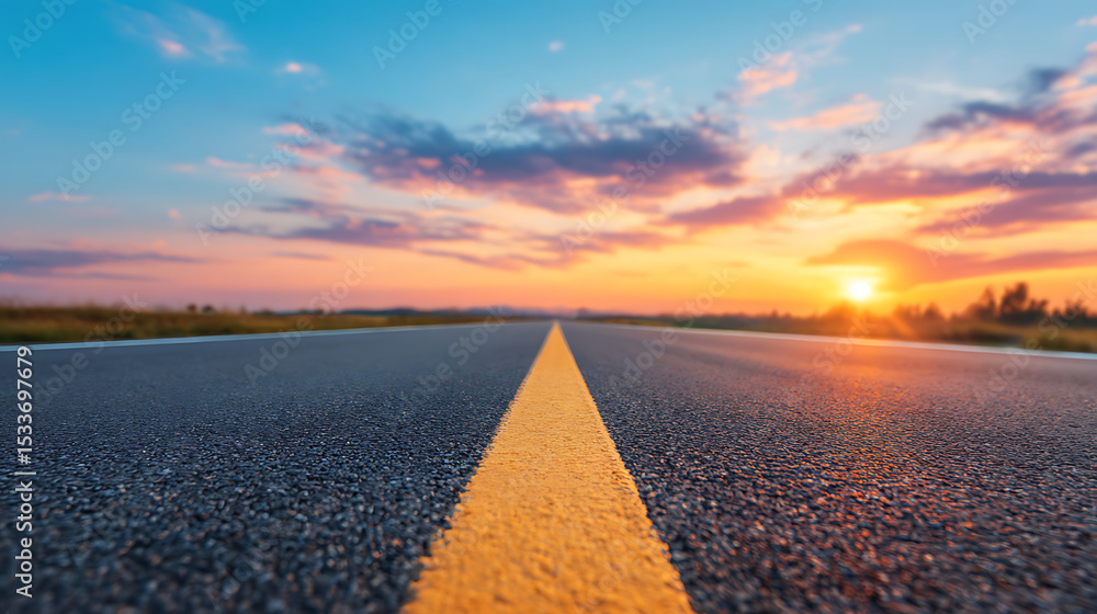 Poster 3d rendering of empty road towards rising sun. light reflection on asphalt surface. for automobile a