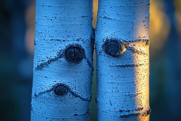 Two aspen tree trunks, close-up, illuminated by golden light