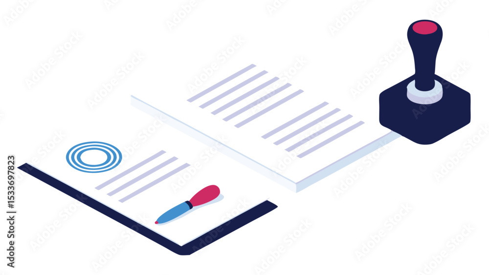 Poster isometric view of legal documents with a pen and a stamp for authentication and approval process